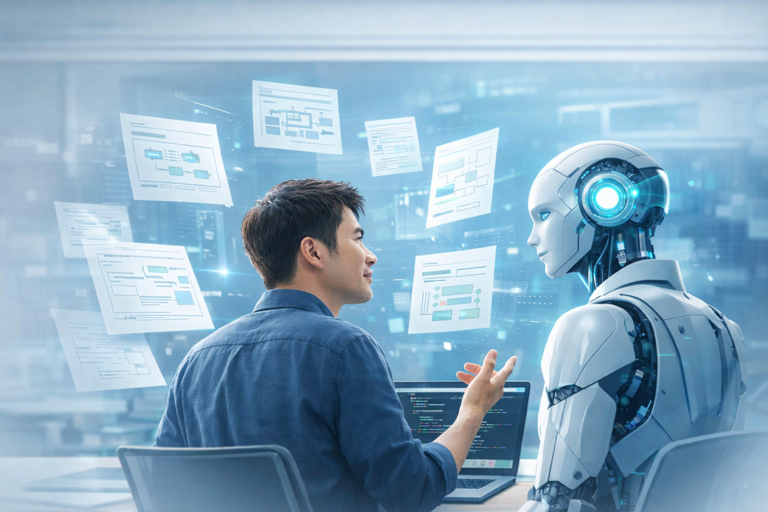技術者がAIと対話しながら設計書が空中を舞うイメージ